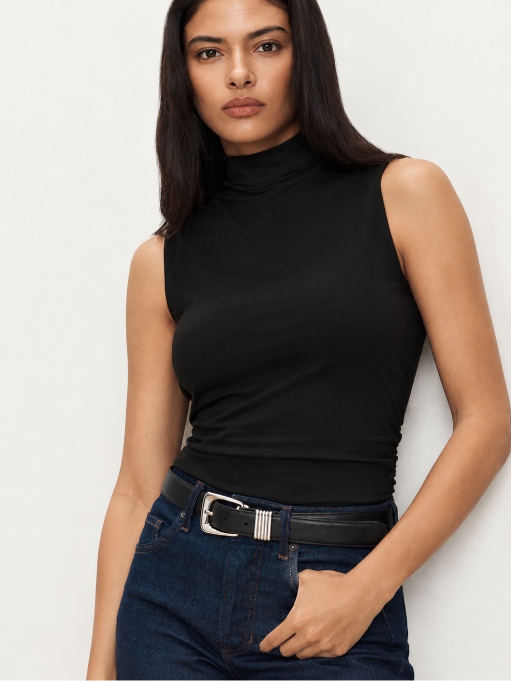 Veronica Beard Mylie Mock Neck Tank Ruched Sleeveless Top - Black - Size M